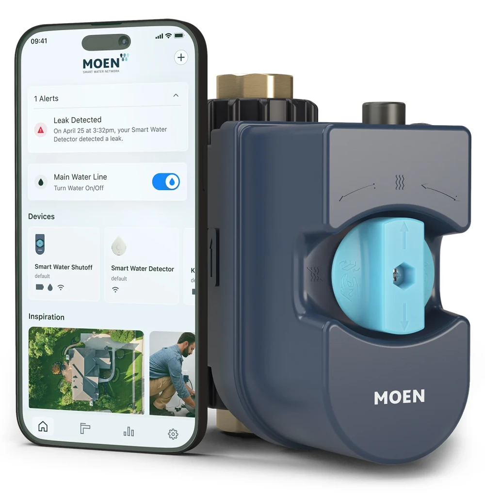 the Moen Flo automatic water shutoff valve device and a phone showcasing the MOEN app